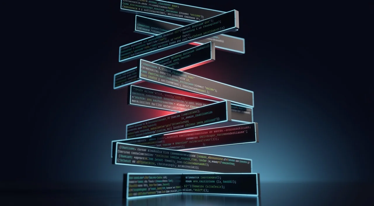 Blocs de code empilés en tour instable illustrant la dette technique du code généré par l'IA
